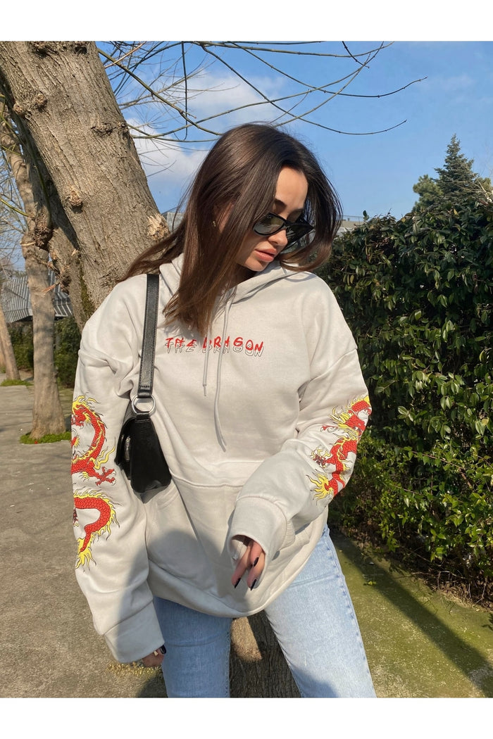 Oversize Kesim Gri Dragon Baskılı Kapüşonlu Kanguru Cep Sweatshirt
