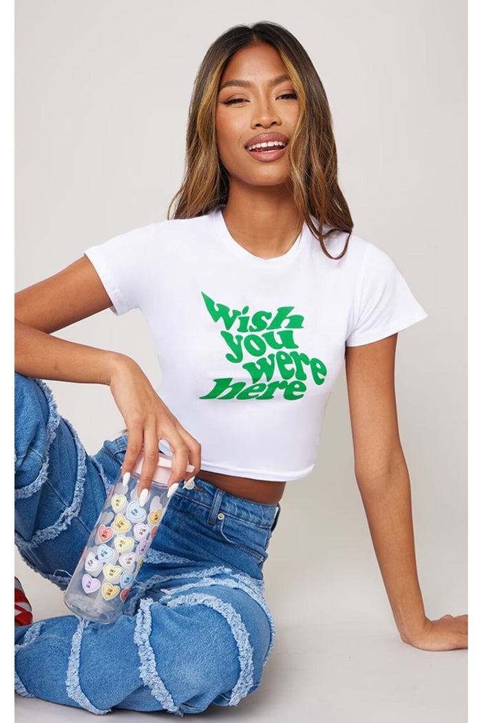 Kadın Beyaz Baskılı Vücuda Oturan Kısa Kollu Crop Bluz
