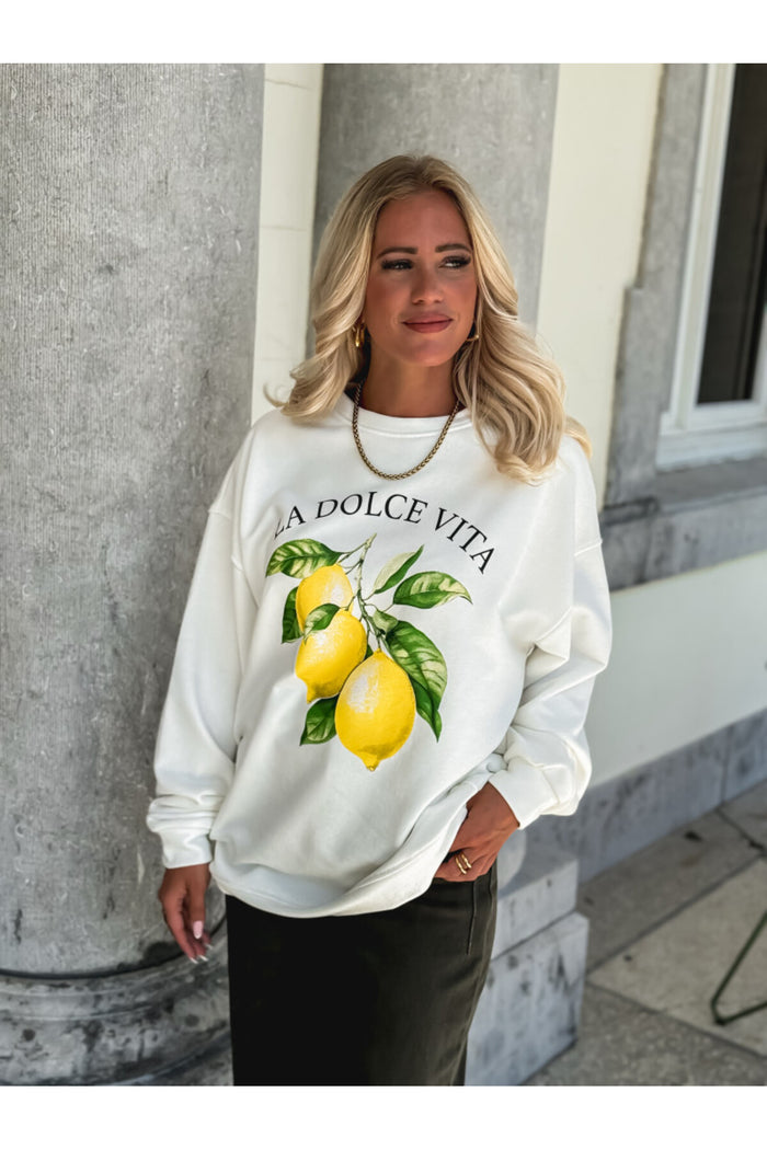 Amalfi Serisi Ekru Oversize Kesim Baskılı Şardonlu Organik Pamuk Sweatshirt