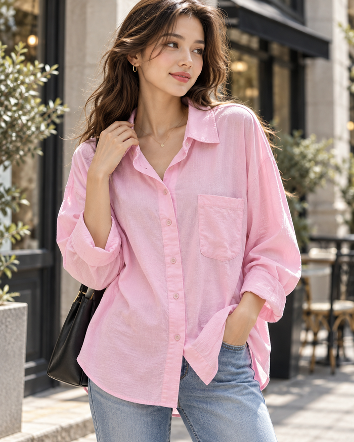 Pembe Cep Detaylı Oversize Keten Gömlek