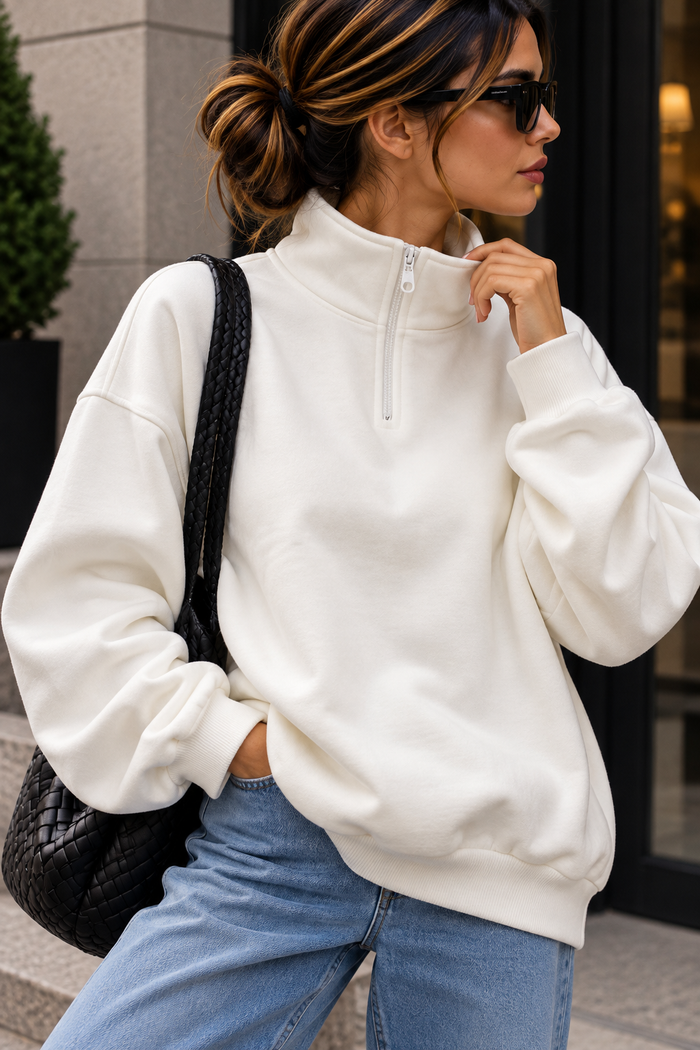 Ekru Dik Yaka Fermuarlı Oversize Sweatshirt