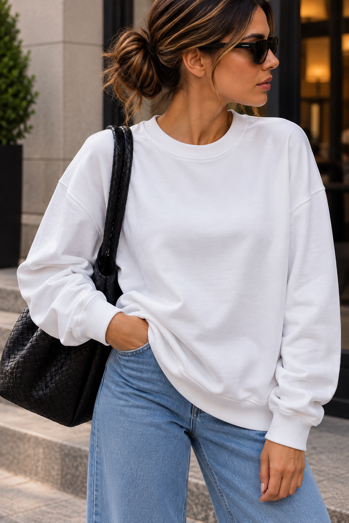 Beyaz Düz Oversize Sweatshirt