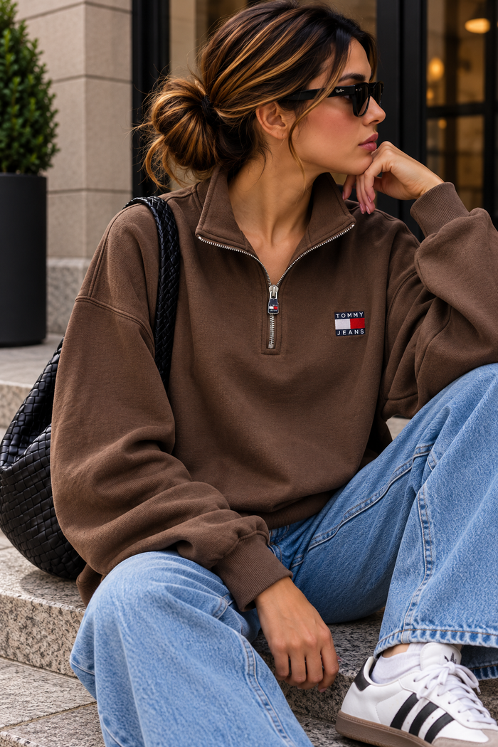 Kahverengi Fermuarlı Dik Yaka Sweatshirt