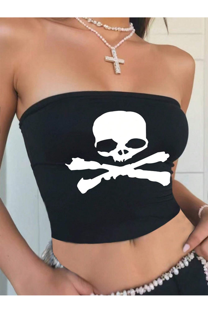 Kadın Siyah Fitilli Baskılı  Straplez Tube Top Crop Bluz