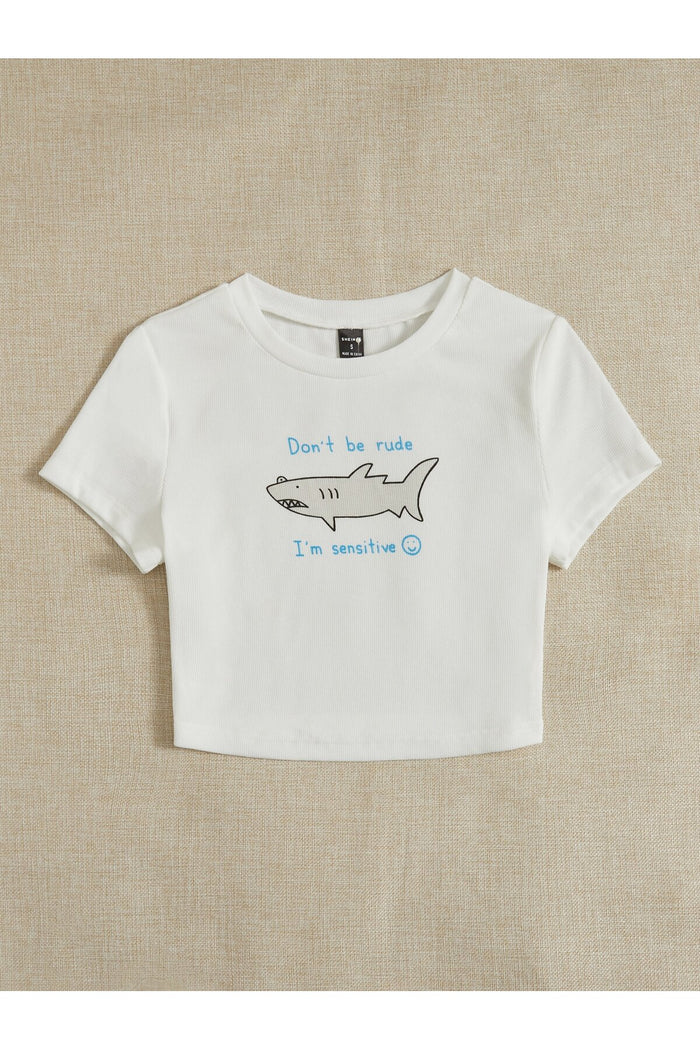 Kadın Beyaz Baskılı Kısa Kollu Crop Bluz