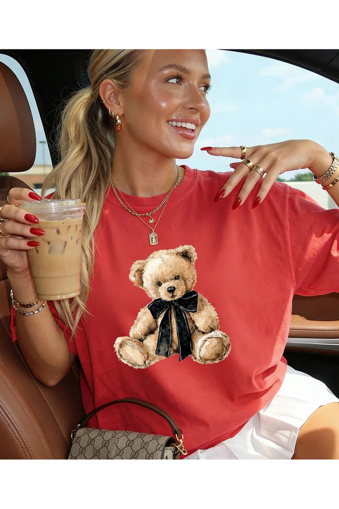 Oversize Kesim Kısa Kollu Bear Baskılı T-shirt
