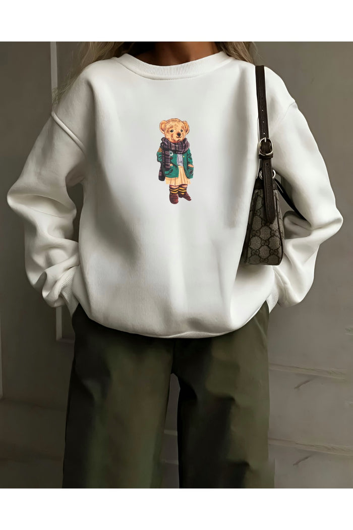 JC Ayıcık Baskılı Beyaz Organik Pamuk Sweatshirt