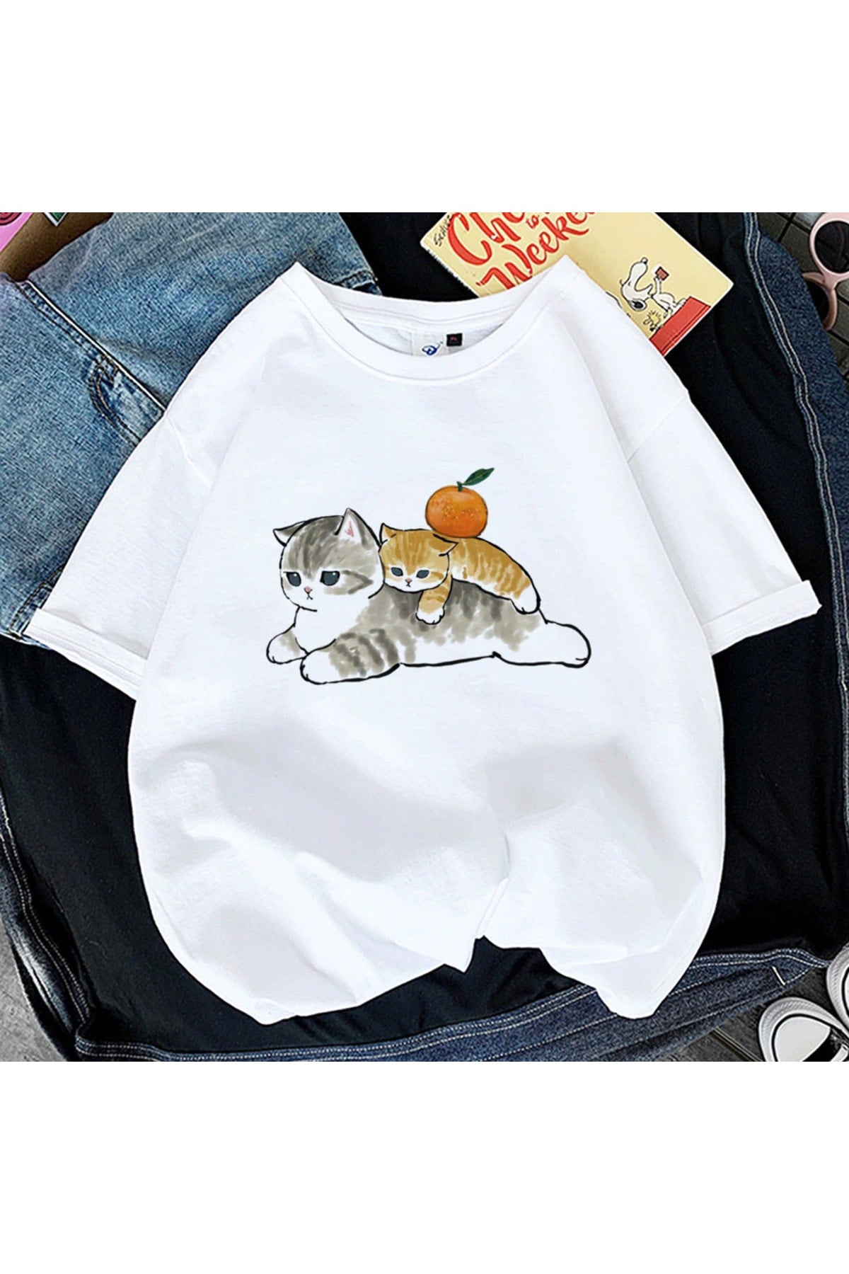 UNISEX BEYAZ OVERSIZE KESİM BASKILI KISA KOLLU T-SHIRT