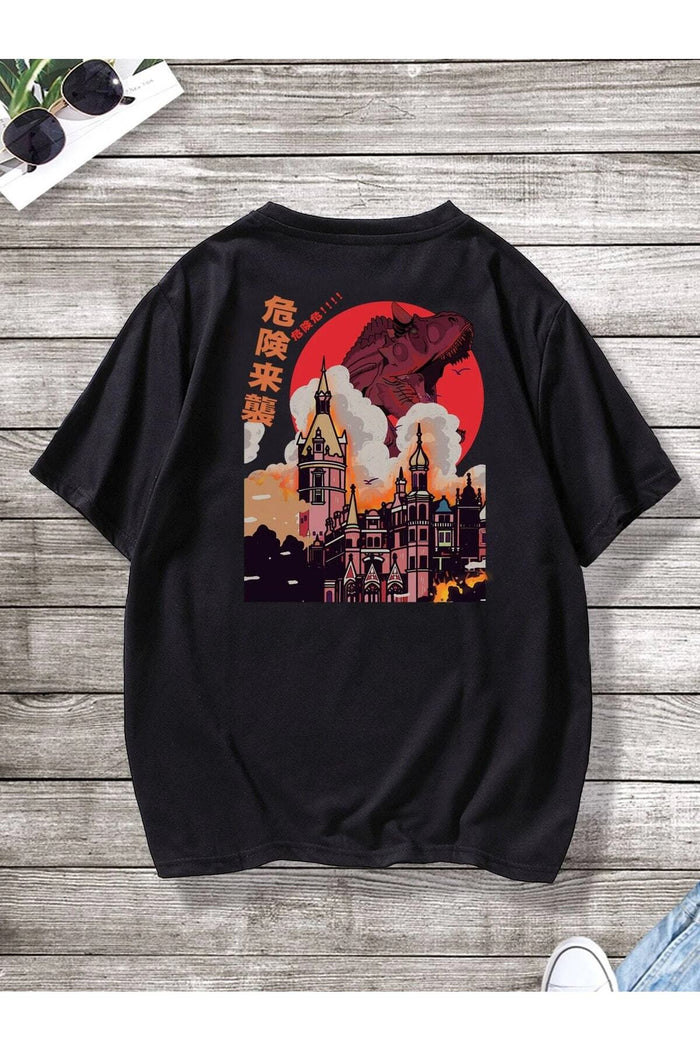 UNISEX SİYAH BASKILI OVERSIZE KESİM KISA KOLLU T-SHIRT