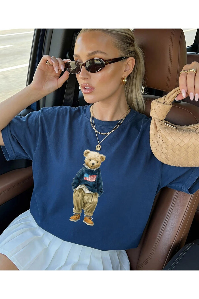 Oversize Kesim Kısa Kollu Bear Baskılı T-shirt