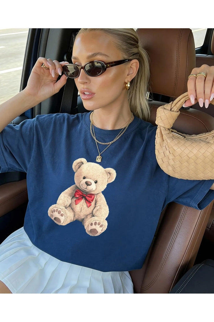 Oversize Kesim Kısa Kollu Bear Baskılı T-shirt