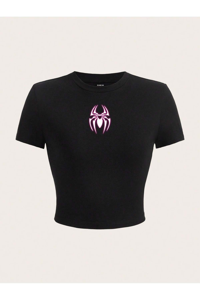 Kadın Siyah Baskılı Kısa Kollu Crop Bluz