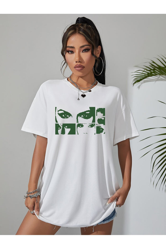 Unisex Beyaz Baskılı Organik Pamuk Oversize Kesim T-shirt