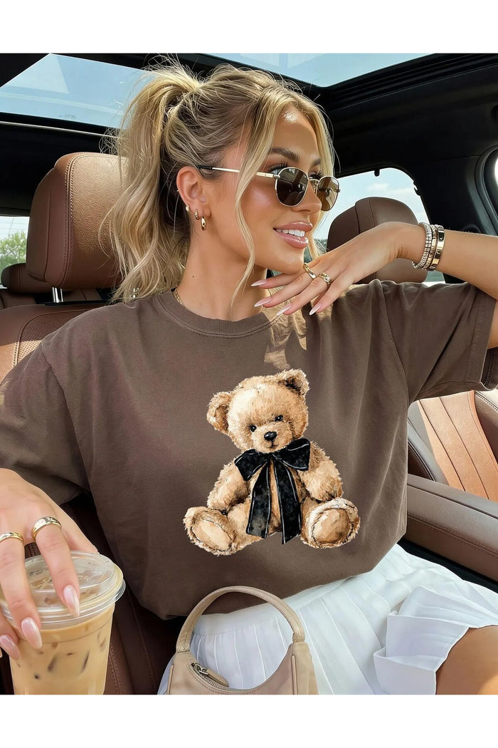 Oversize Kesim Kısa Kollu Bear Baskılı T-shirt