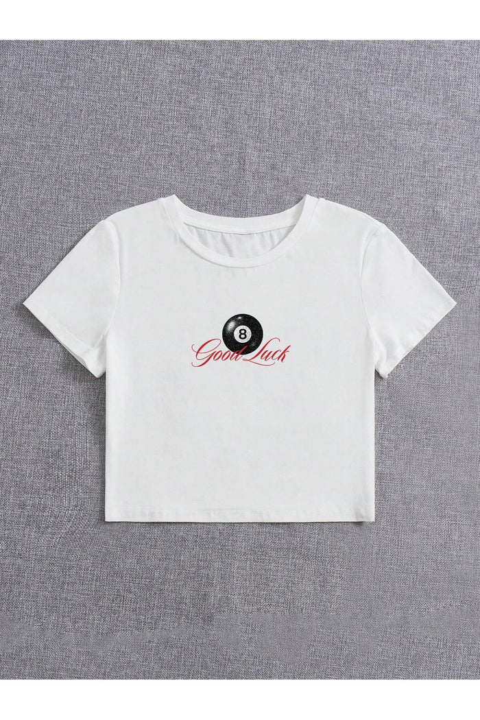 Kadın Beyaz Baskılı Kısa Kollu Crop Bluz