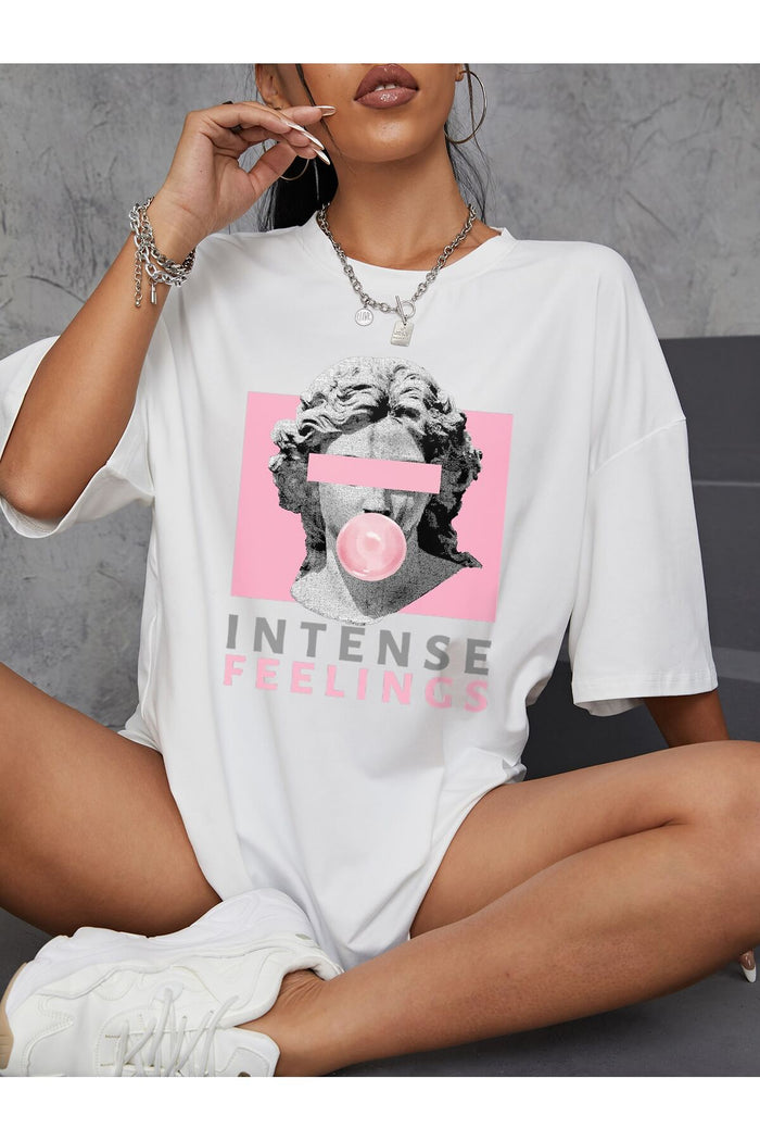 Unisex Beyaz Baskılı Organik Pamuk Oversize Kesim T-shirt