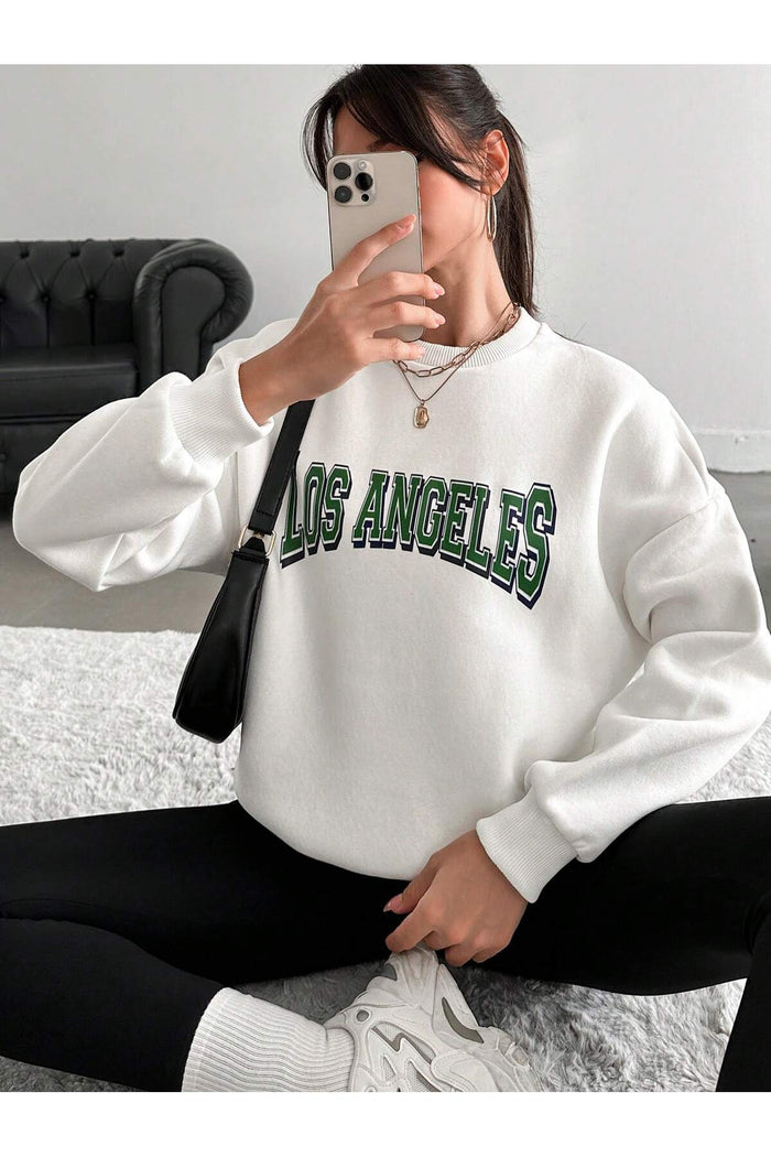 Oversize Kesim Baskılı Uzun Kollu Şardonlu Sweatshirt