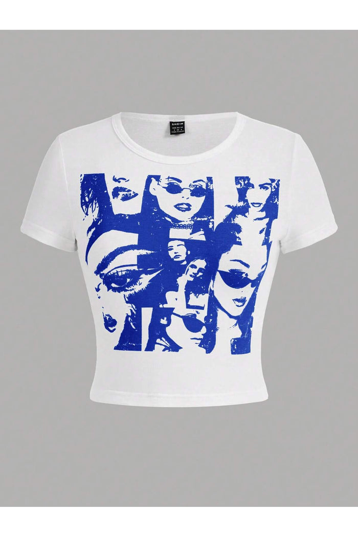 Kadın Beyaz Baskılı Kısa Kollu Crop Bluz