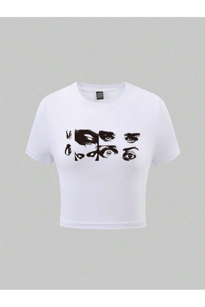 Kadın Beyaz Baskılı Kısa Kollu Crop Bluz