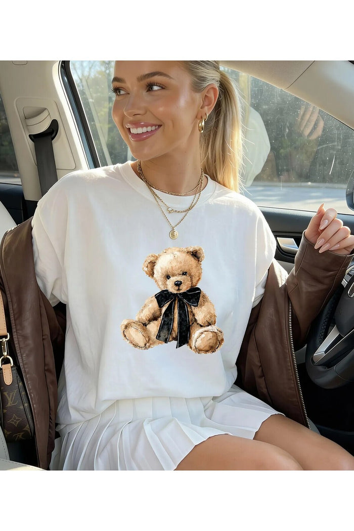 Oversize Kesim Kısa Kollu Bear Baskılı T-shirt