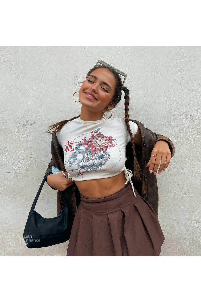 Kadın Baskılı Crop Fit Bluz