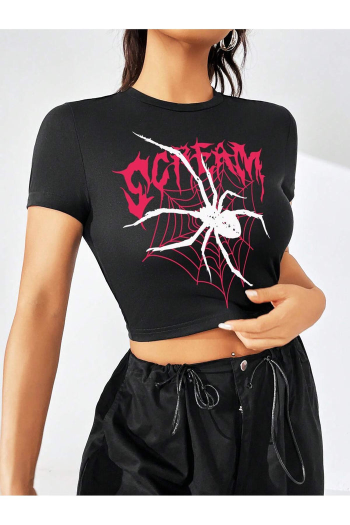Kadın Siyah Baskılı Kısa Kollu Crop Bluz