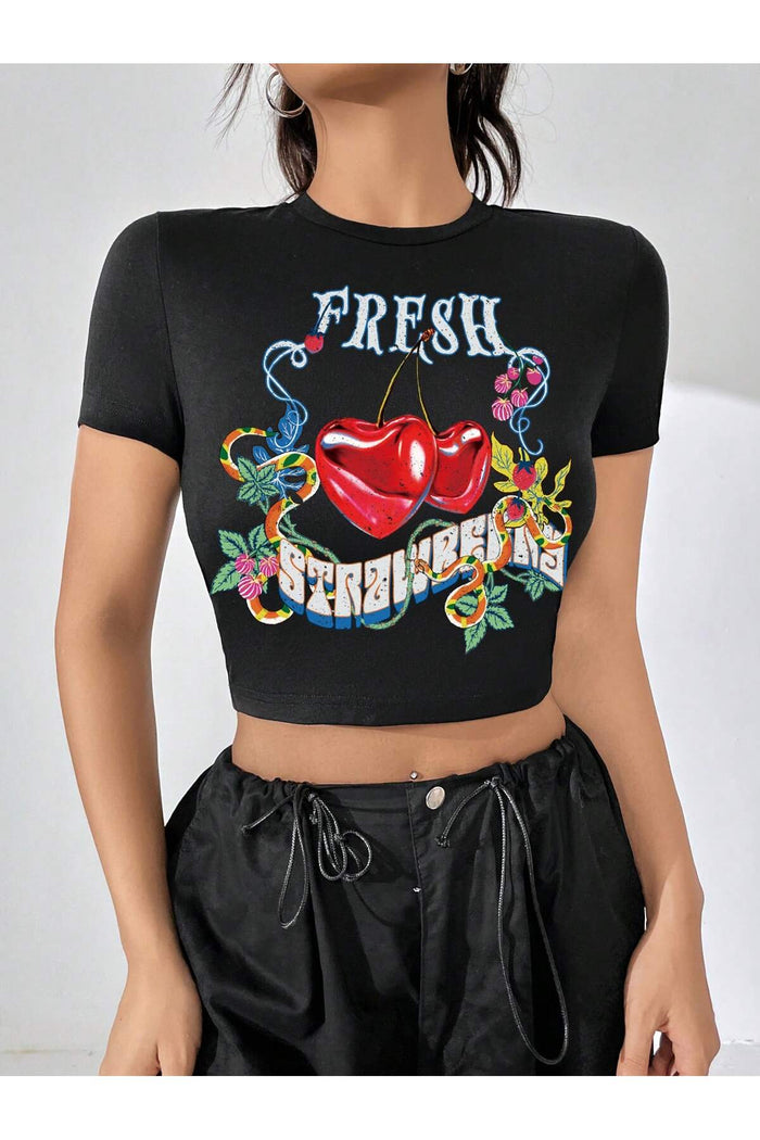 Kadın Siyah Baskılı Kısa Kollu Crop Bluz