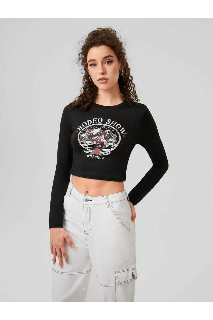Kadın Siyah Baskılı Bisiklet Yaka Uzun Kollu Fitilli Crop Bluz