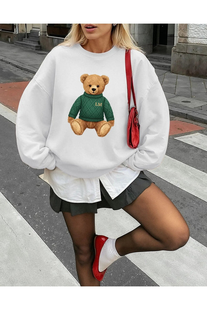 Oversize Kesim Baskılı Uzun Kollu Şardonlu Sweatshirt