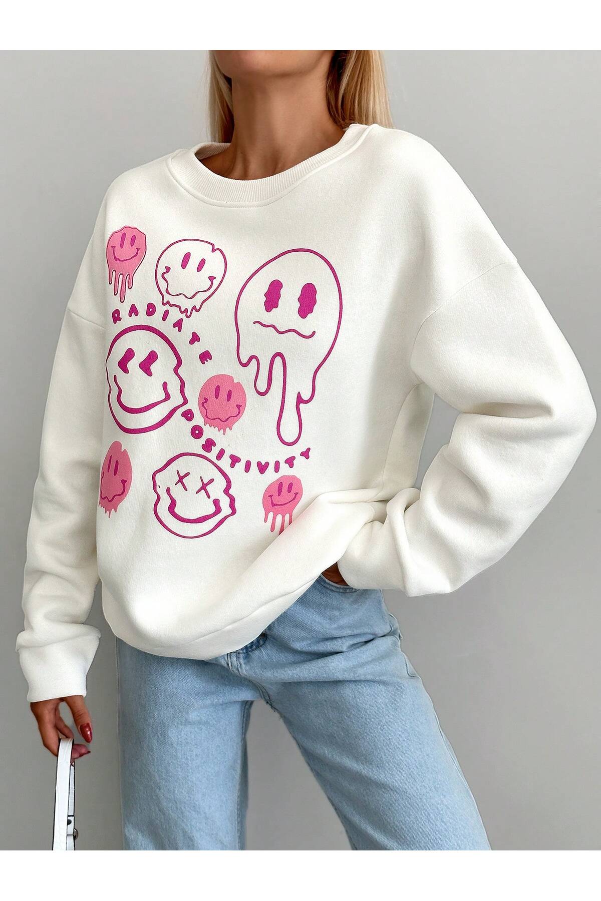Oversize Kesim Cartoon Baskılı Uzun Kollu Şardonlu Sweatshirt