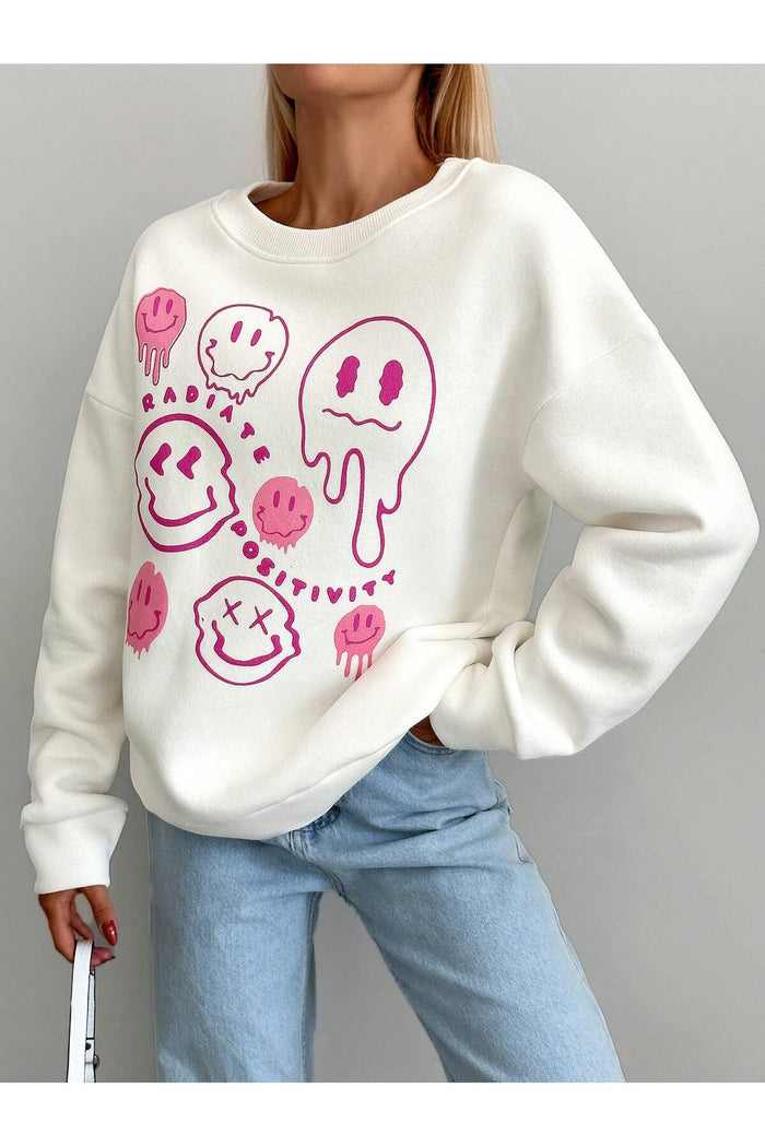 Oversize Kesim Cartoon Baskılı Uzun Kollu Şardonlu Sweatshirt
