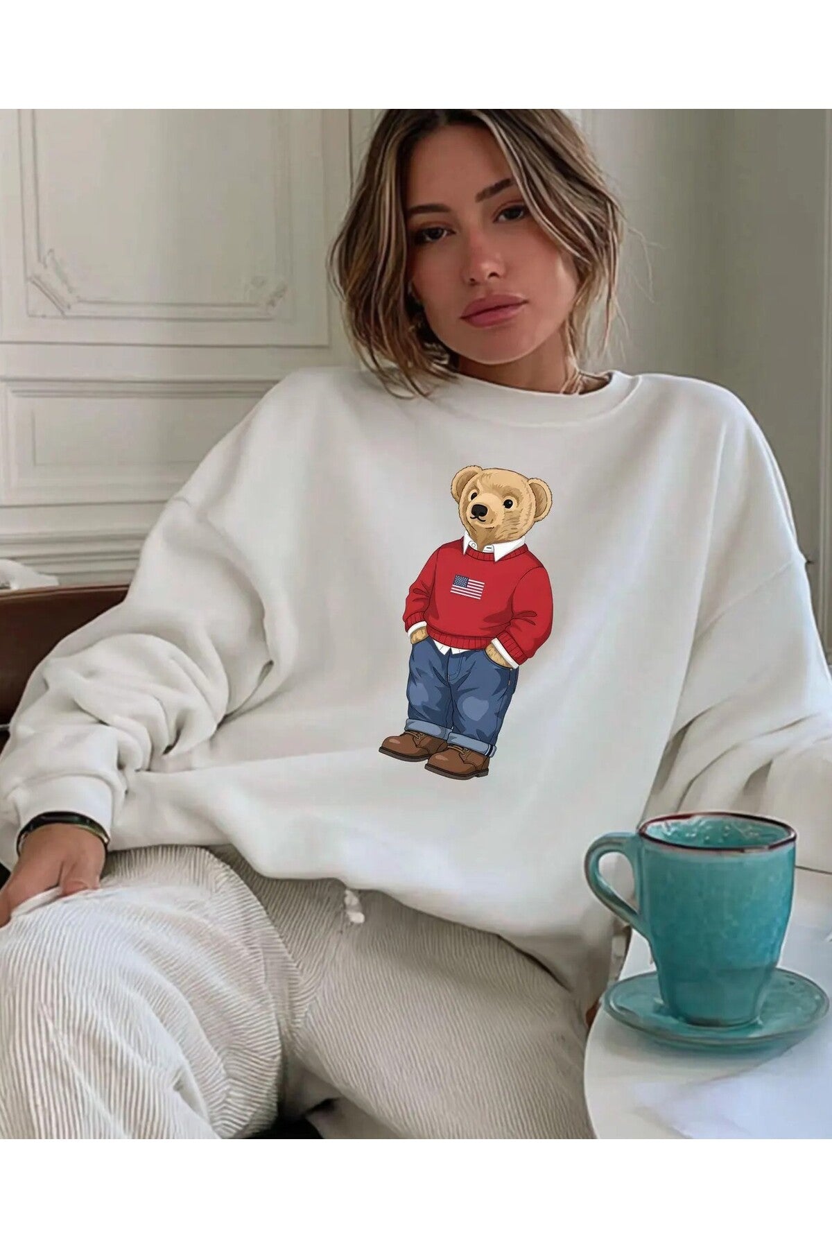 Oversize Kesim Baskılı Uzun Kollu Şardonlu Sweatshirt
