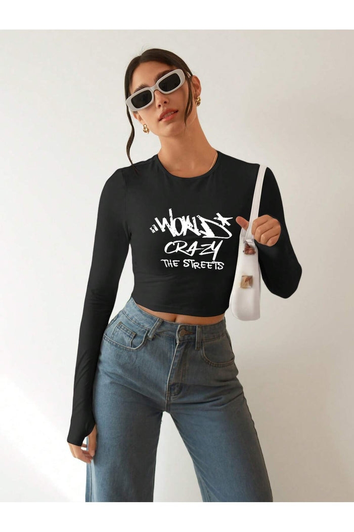 Kadın Siyah Baskılı Bisiklet Yaka Uzun Kollu Y2K Fitilli Crop Bluz
