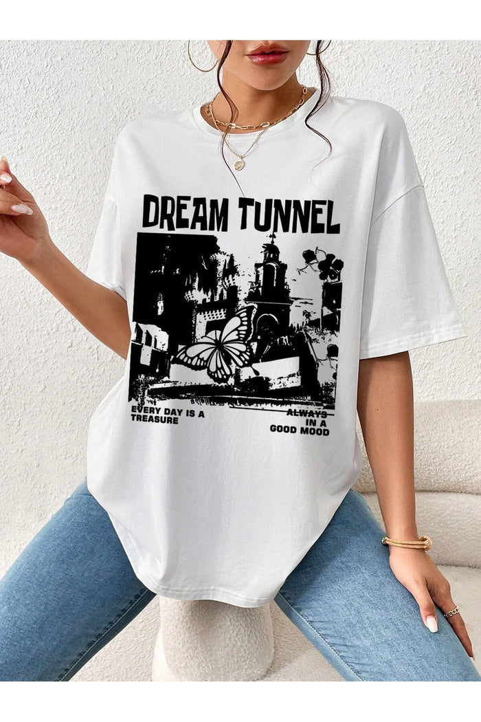 Beyaz Baskılı Organik Pamuk Oversize Kesim T-shirt