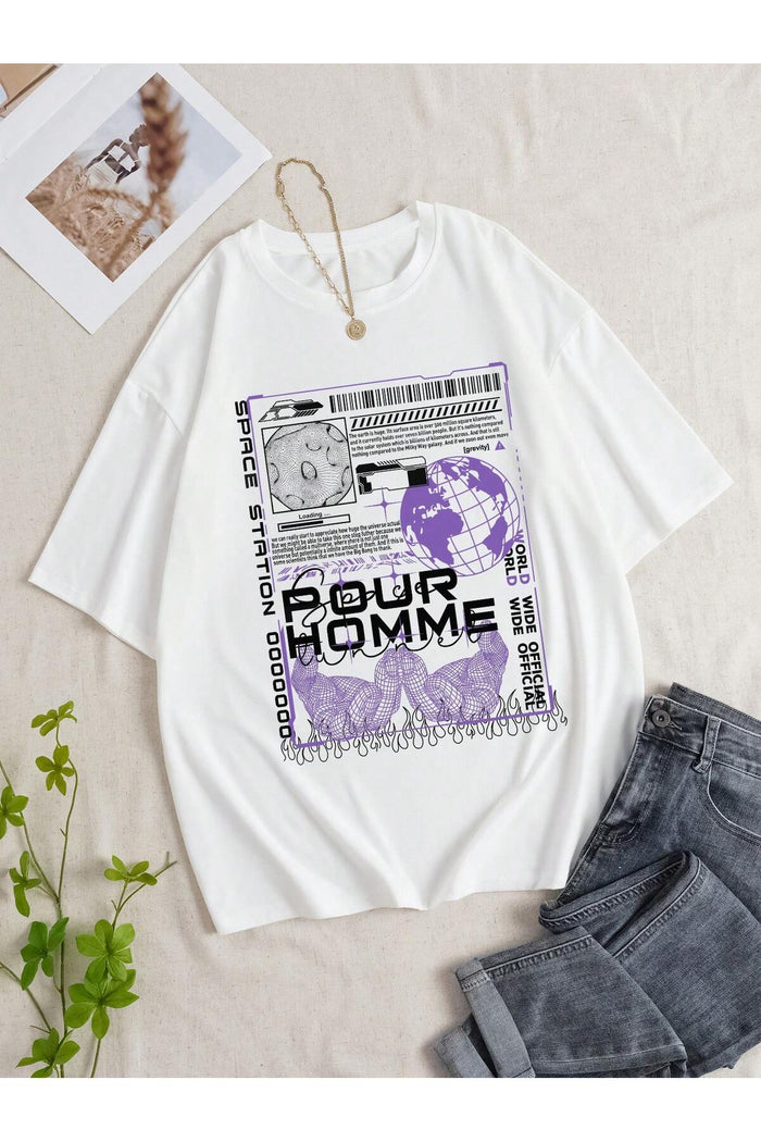 Unisex Beyaz Baskılı Organik Pamuk Oversize Kesim T-shirt