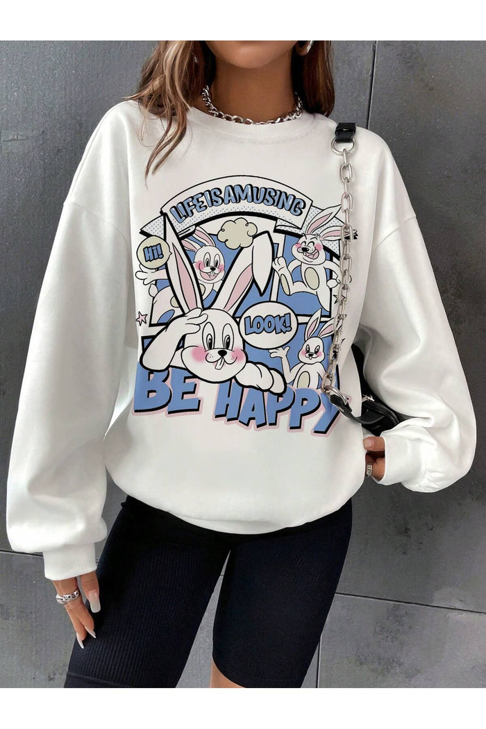 Oversize Kesim Cartoon Baskılı Uzun Kollu Şardonlu Sweatshirt