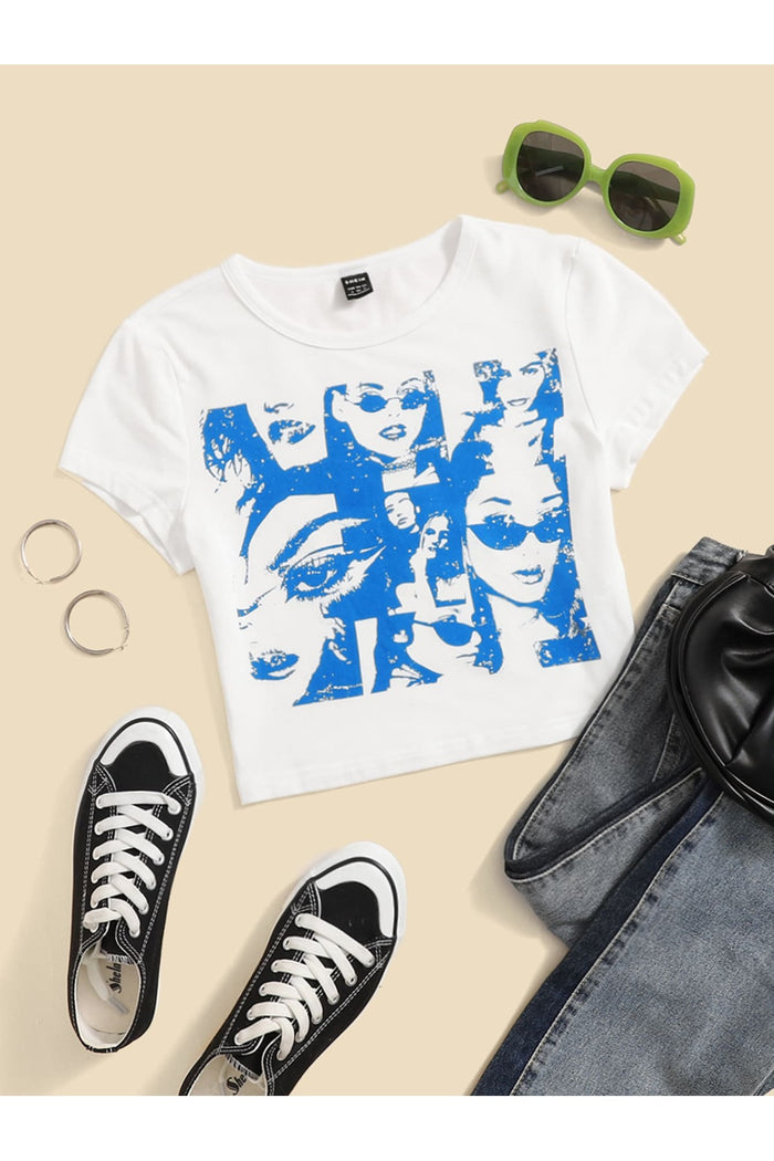Kadın Beyaz Baskılı Kısa Kollu Crop Bluz