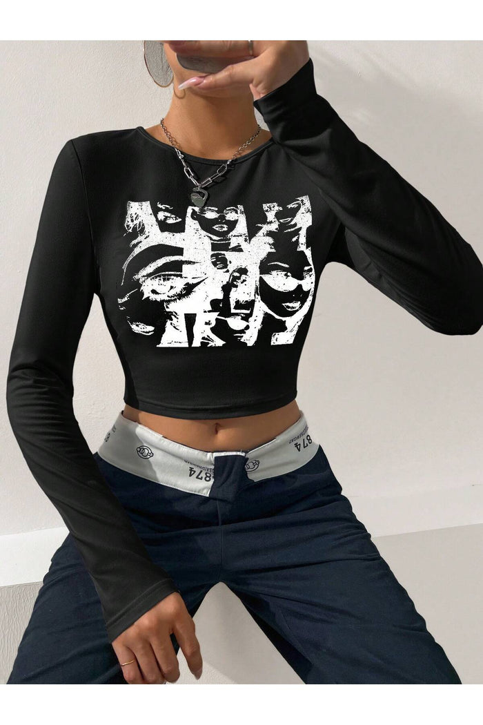 Kadın Siyah Baskılı Bisiklet Yaka Uzun Kollu Y2K Fitilli Crop Bluz