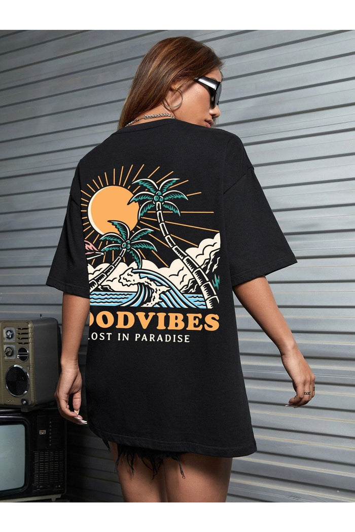 UNISEX SİYAH BASKILI OVERSIZE KESİM KISA KOLLU T-SHIRT