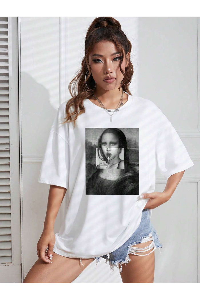 Beyaz Baskılı Organik Pamuk Oversize Kesim T-shirt
