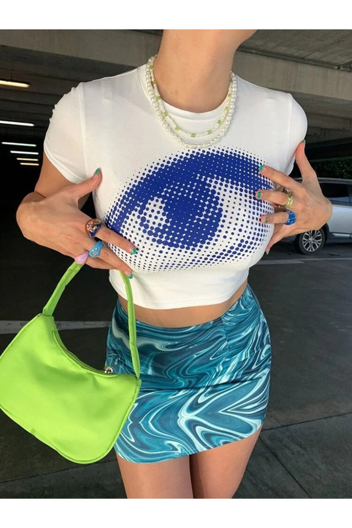 Kadın Beyaz Baskılı Kısa Kollu Crop Bluz
