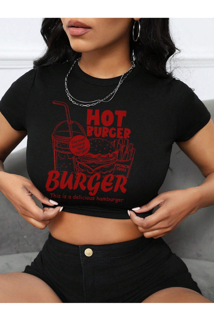 Kadın Siyah Baskılı Kısa Kollu Crop Bluz