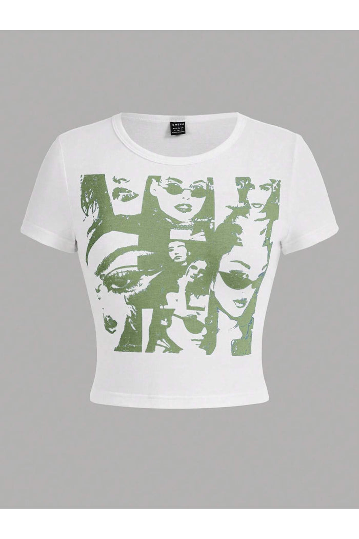 Kadın Beyaz Baskılı Kısa Kollu Crop Bluz