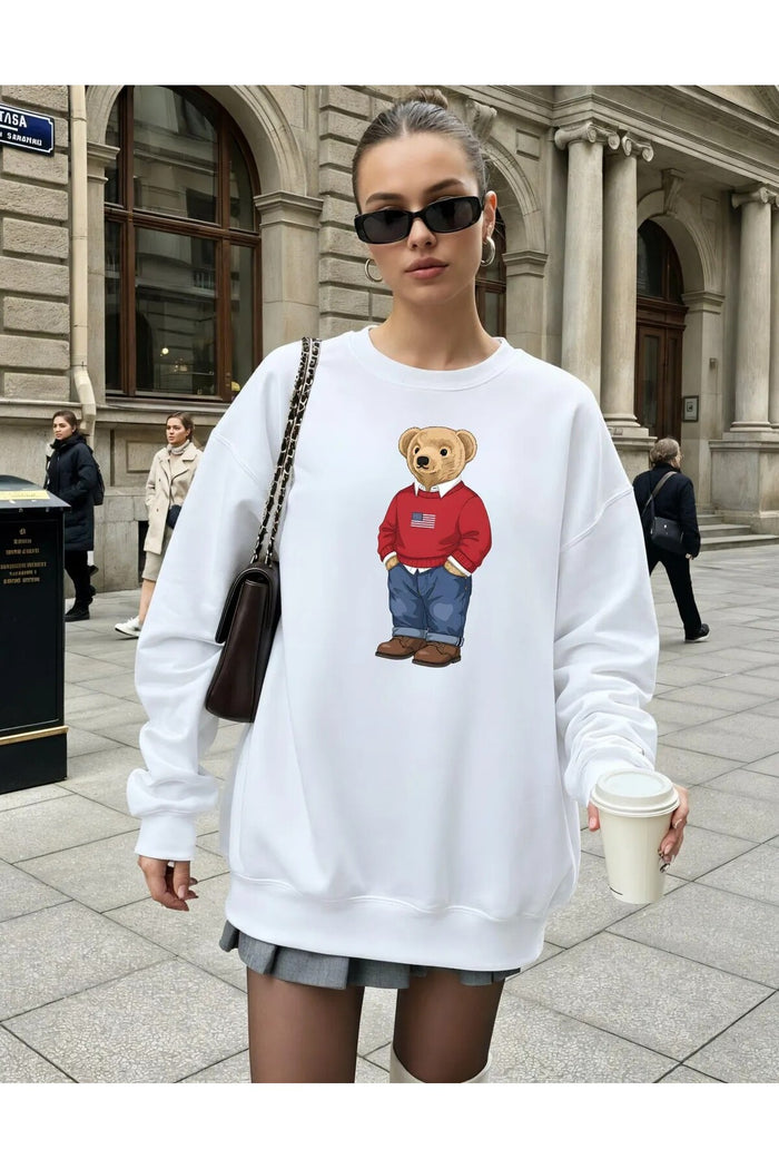 Oversize Kesim Cartoon Baskılı Uzun Kollu Şardonlu Sweatshirt