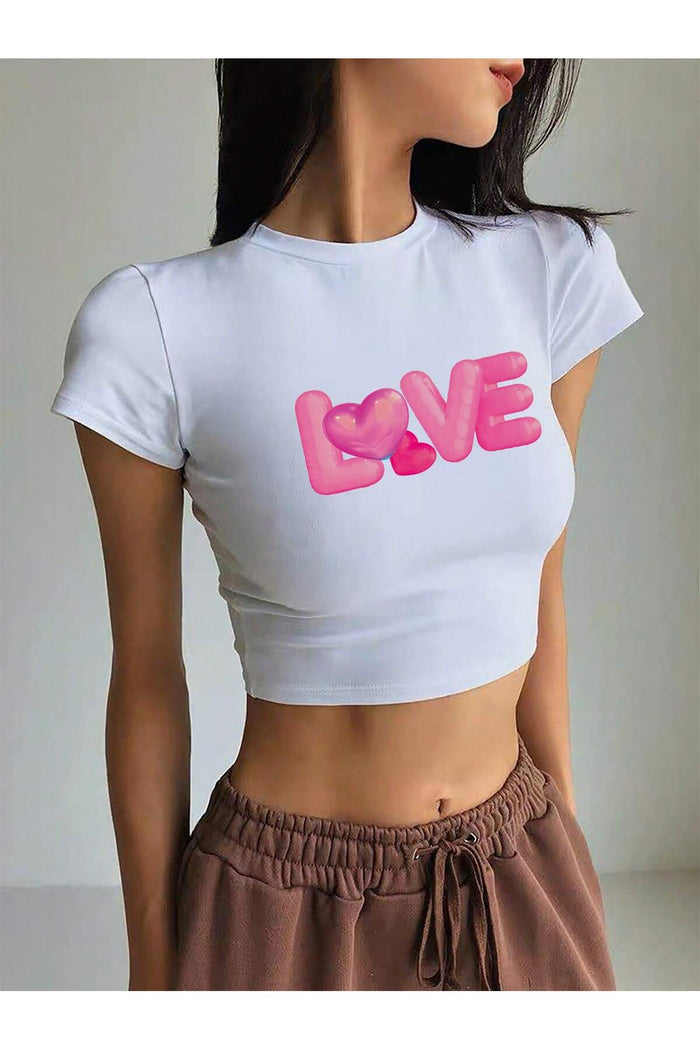 Kadın Beyaz Baskılı Kısa Kollu Crop Bluz