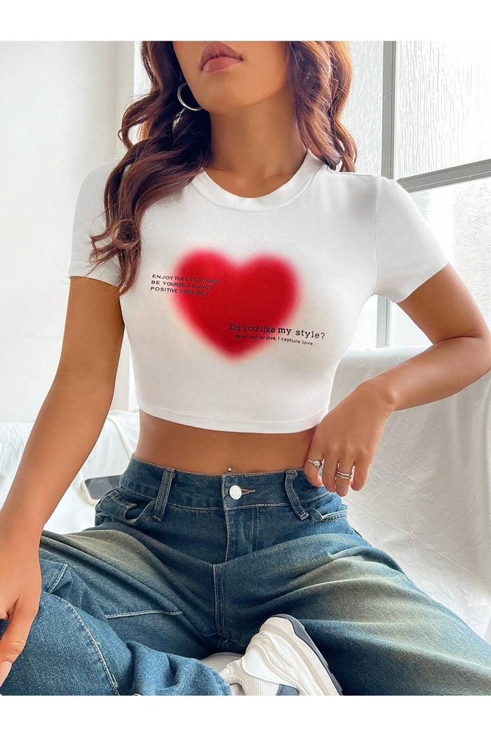 Kadın Beyaz Baskılı Kısa Kollu Crop Bluz