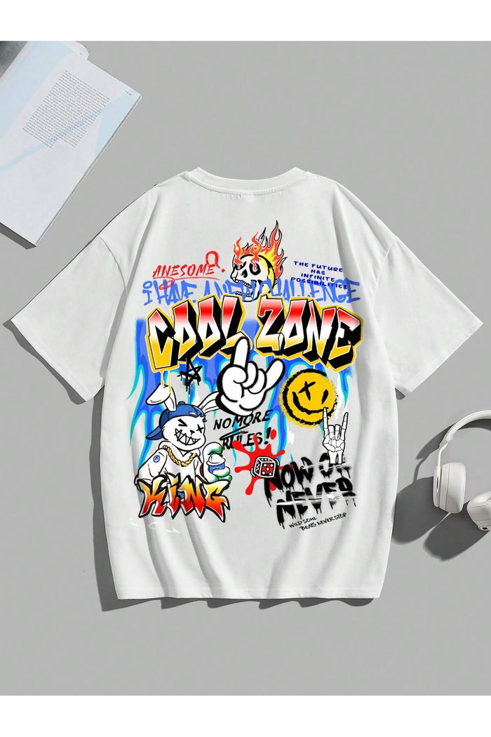 Unisex Beyaz Baskılı Organik Pamuk Oversize Kesim T-shirt