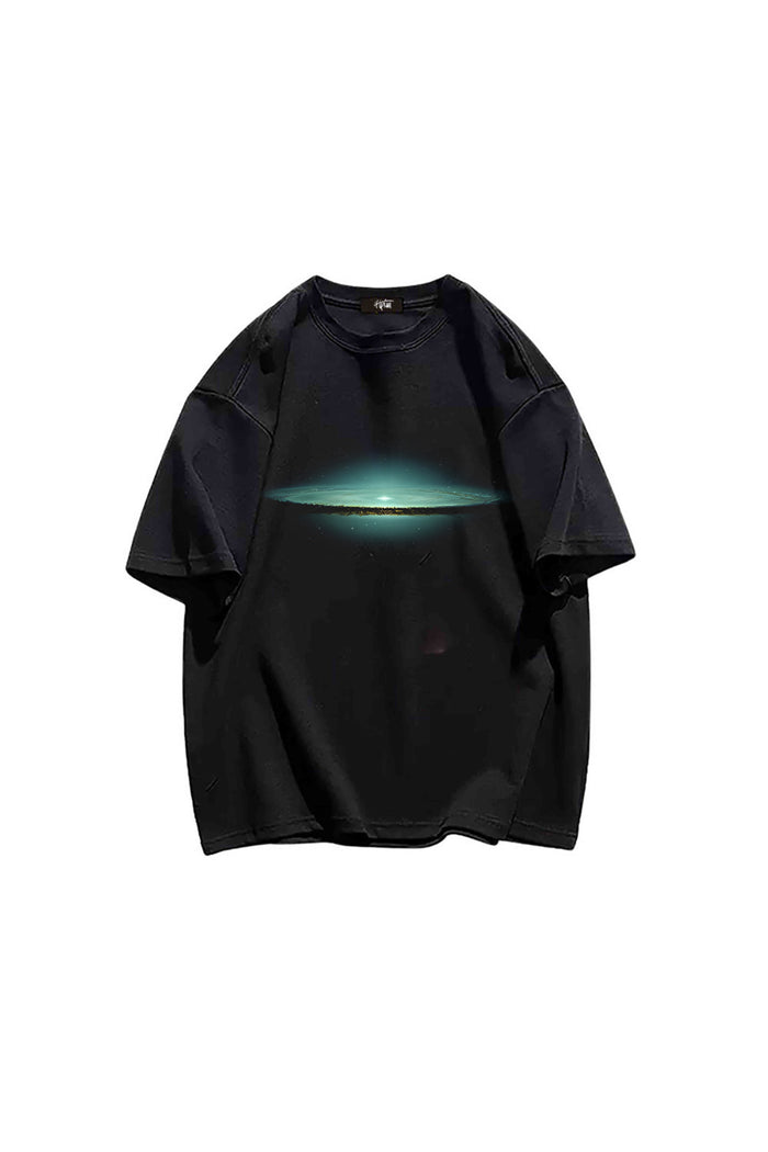 Unisex Streetwear Serisi Siyah Baskılı Bisiklet Yaka Oversize Kesim T-shirt