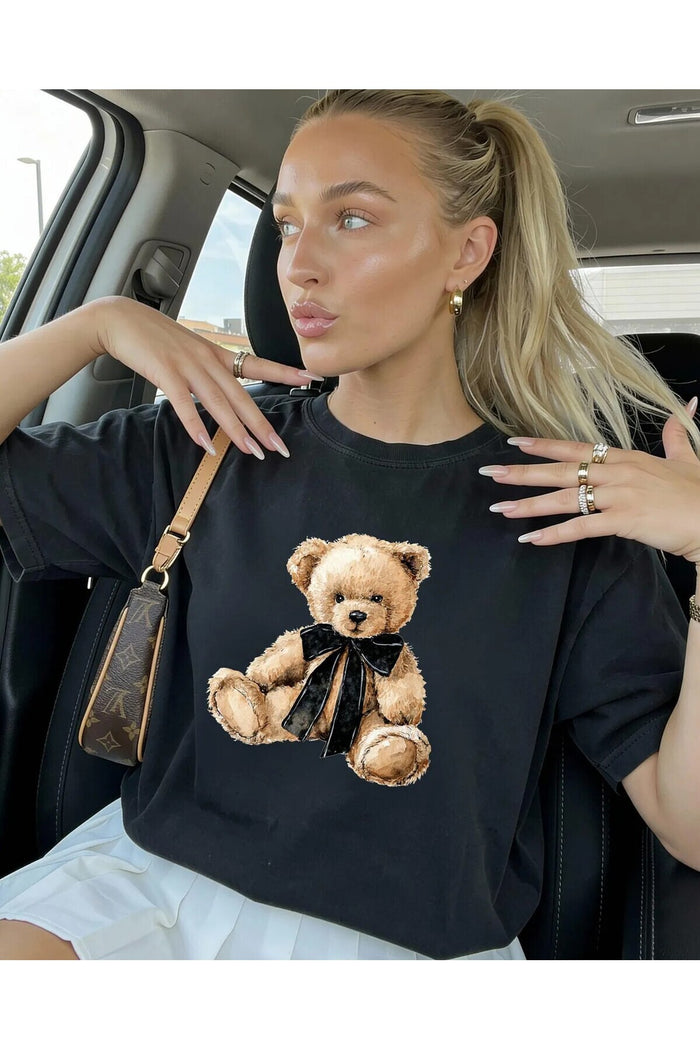 Oversize Kesim Kısa Kollu Bear Baskılı T-shirt