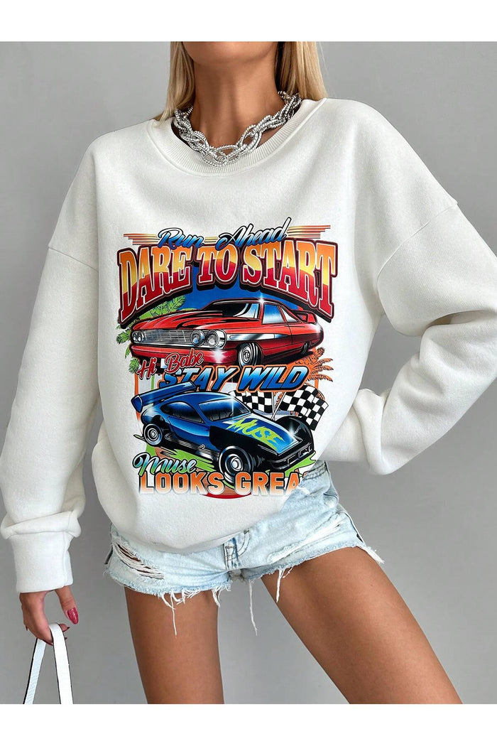 Oversize Kesim Cartoon Baskılı Uzun Kollu Şardonlu Sweatshirt